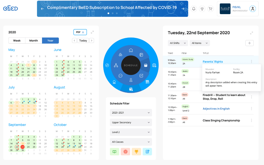 The BeED dashboard: a year grid with colour-coded days on the left, a radial schedule navigator in the middle, the schedule filter set to 2020 to 2021, Upper Secondary, Level 2, and a day plan for Tuesday 22 September on the right.