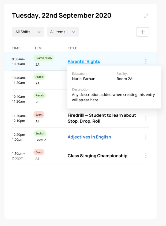 Close view of the BeED day plan: shift and item filters above a list of timed entries, each with a subject chip and class, and an open card showing the educator and the room.