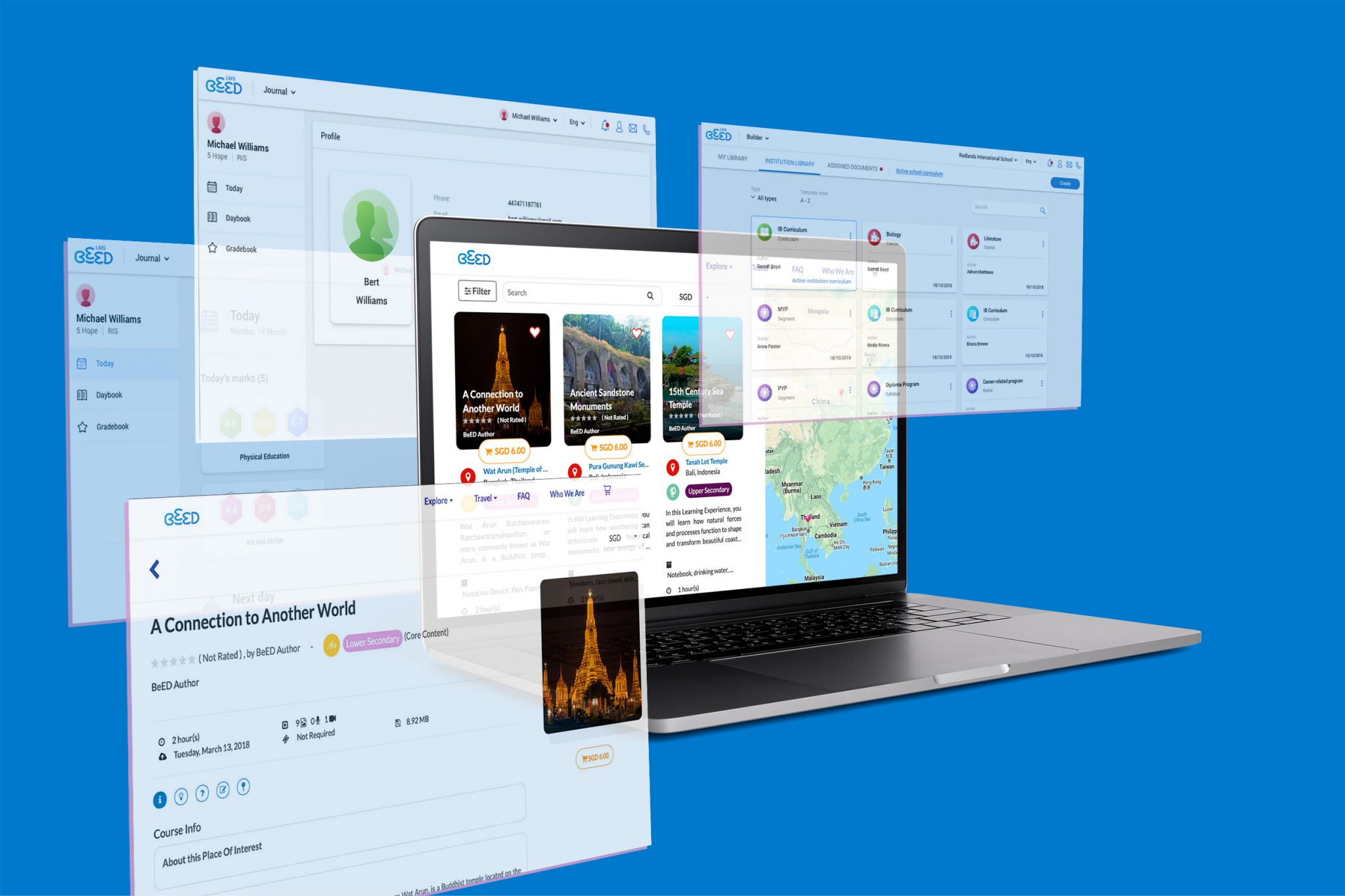 Screens from the BeED platform layered in perspective: a student journal, a gradebook, a curriculum library and a learning-experience browser with a map.